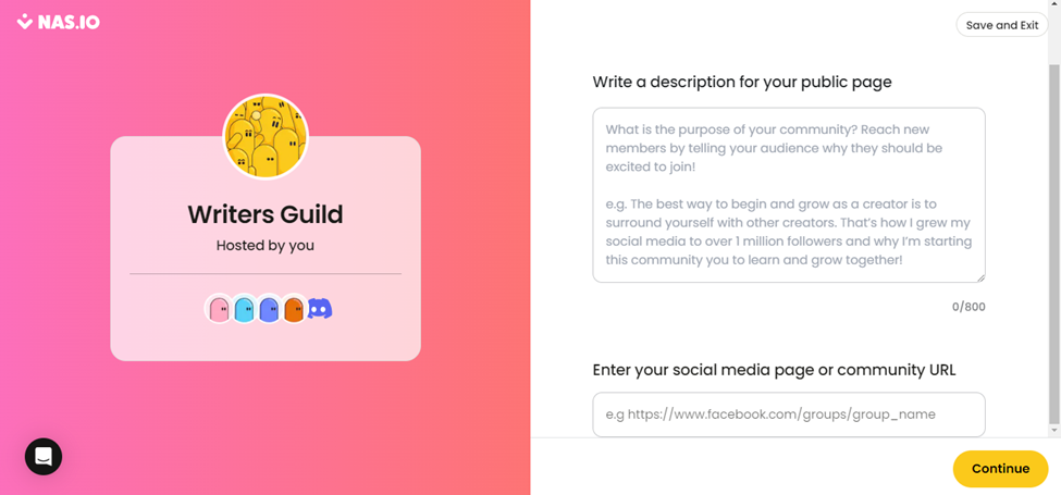 write a community description and enter social media link 