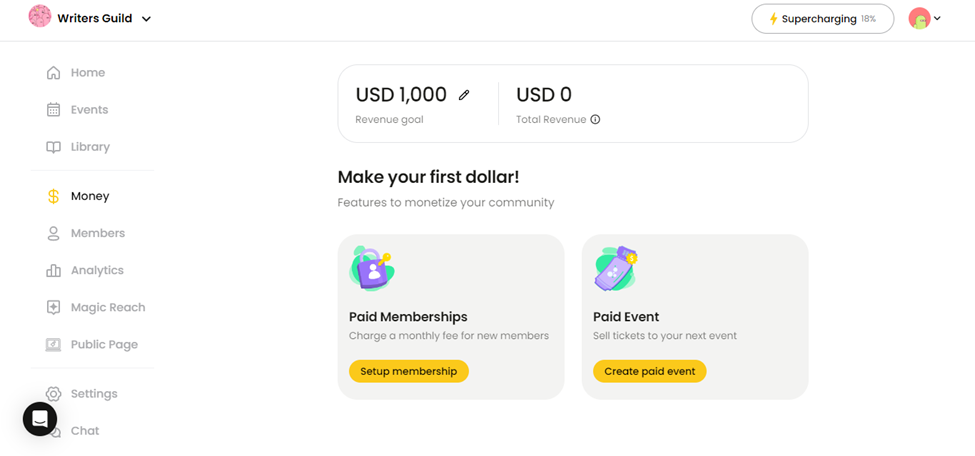 paid event and memberships in the money menu for nas io learning community platform
