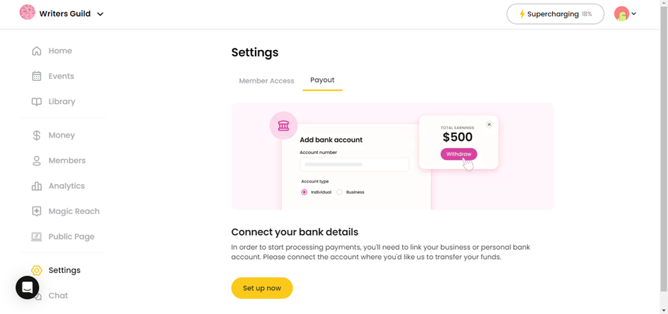 connect banking detail to setup payout in nas io